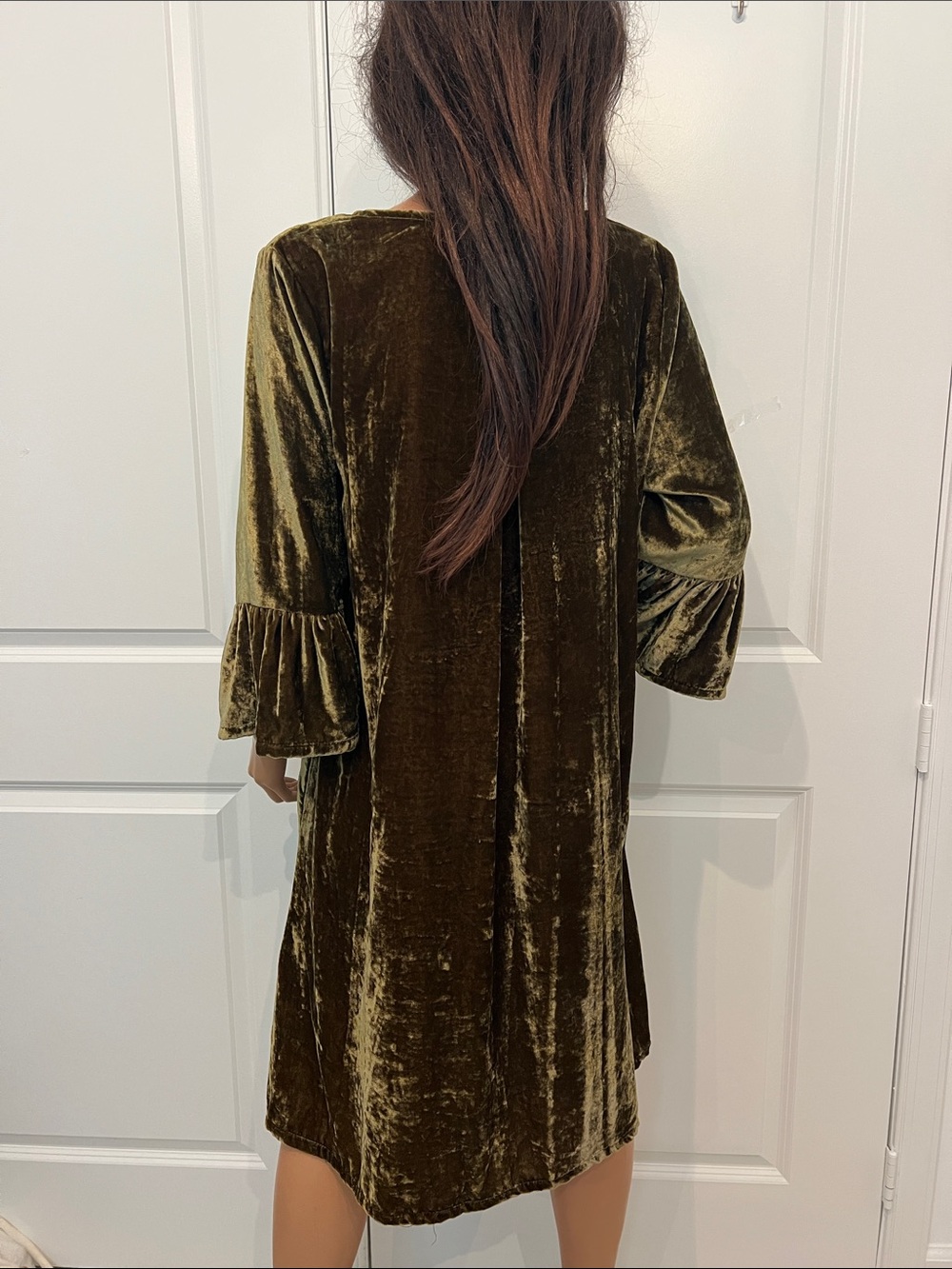 bryn Walker Olive Velvet Midi Dress with Ruffle Sleeves